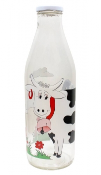 Weithalsflasche/Milchflasche 1000ml bedruckt fröhliche Kuh inkl. Deckel weiss, solange Vorrat!